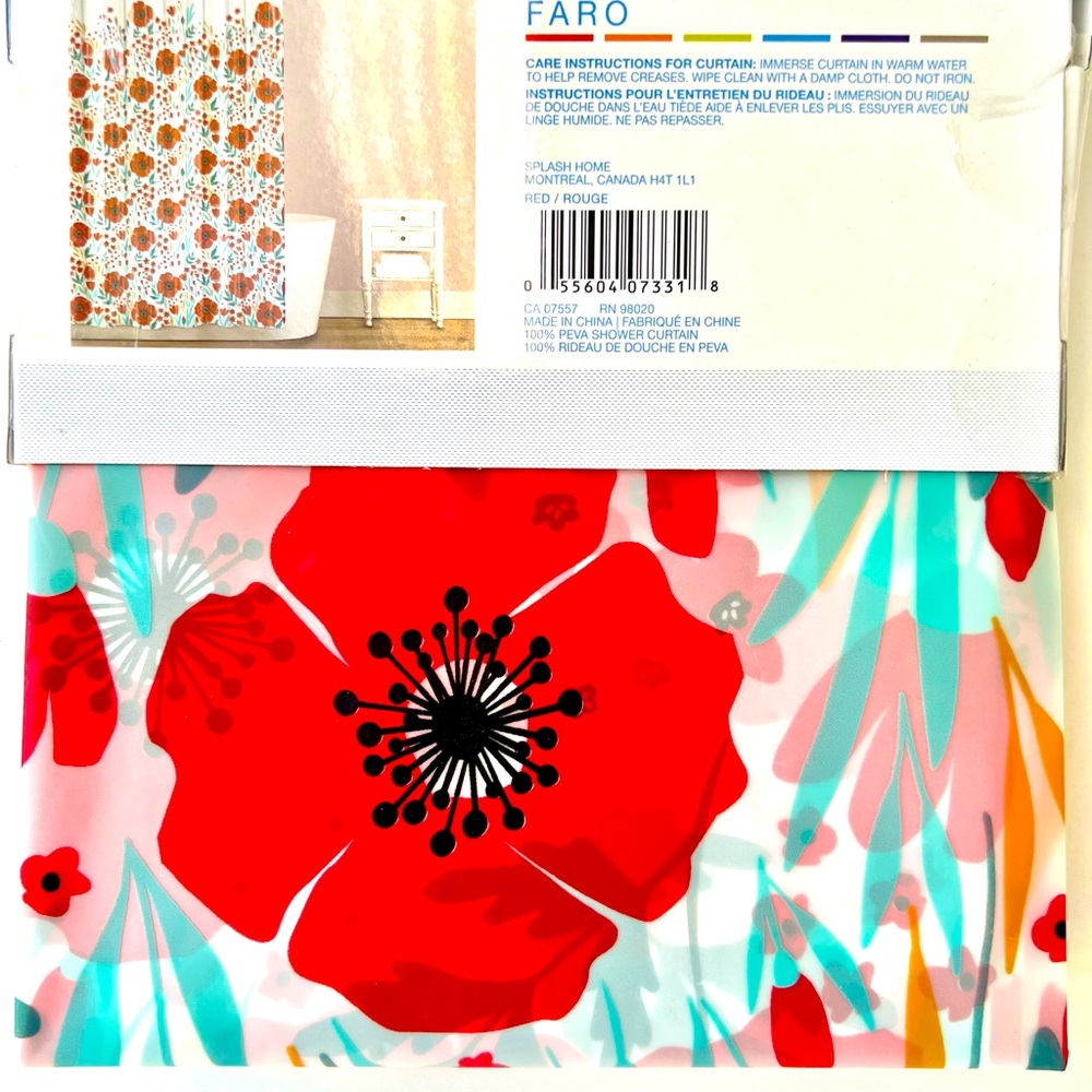 Faro Poppy Flower Garden Peva Shower Curtain Red Teal Golden Yellow Floral